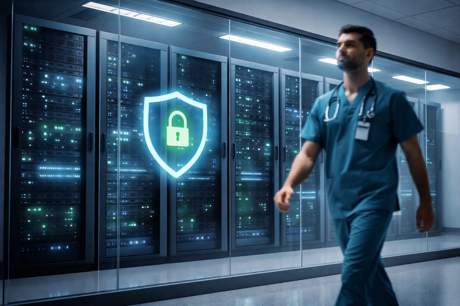 Healthcare professional walks past secure server racks, representing HIPAA-compliant data protection in AI healthcare systems.