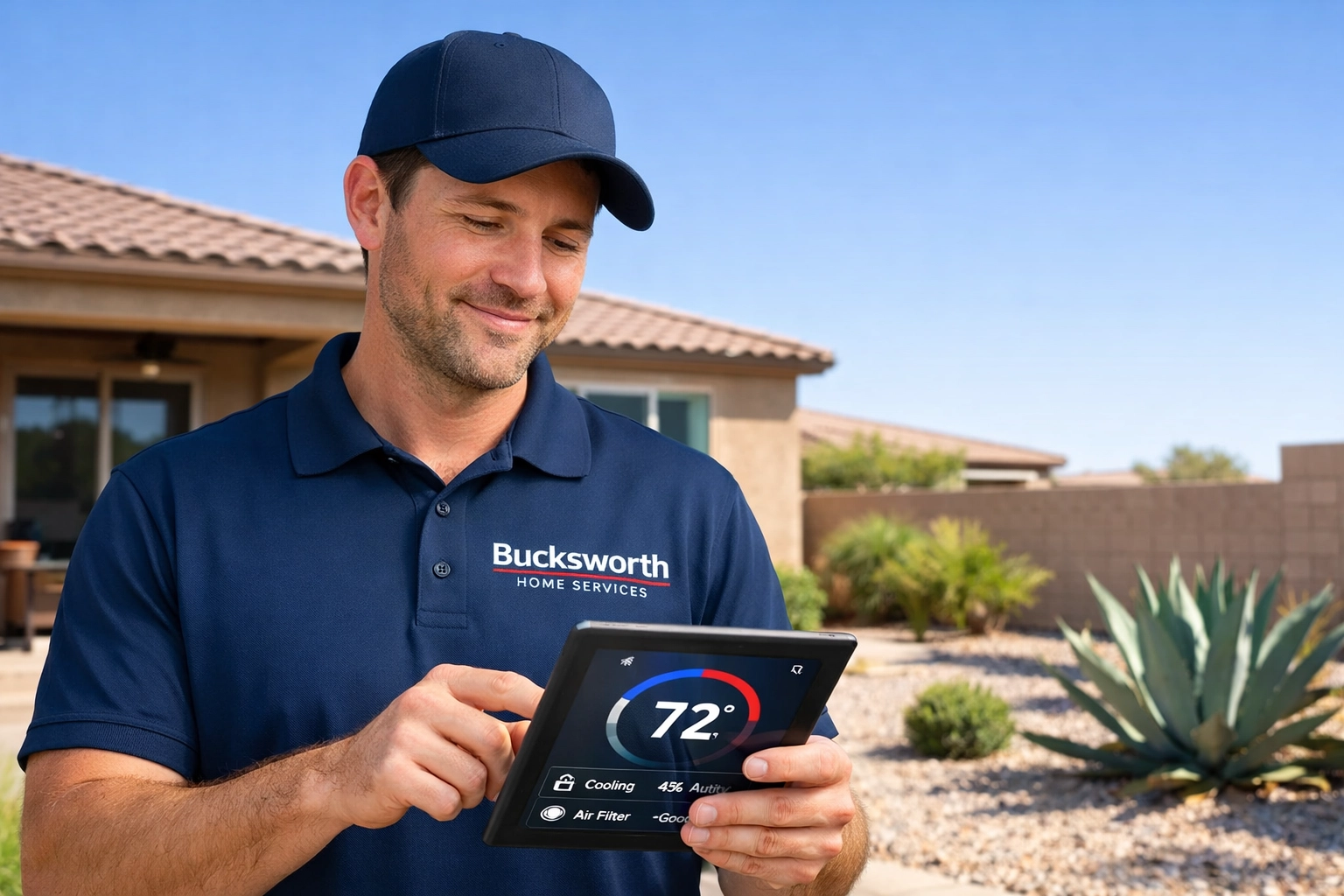 Expert AC repair technician in Gilbert AZ monitoring a home cooling system on a digital tablet.