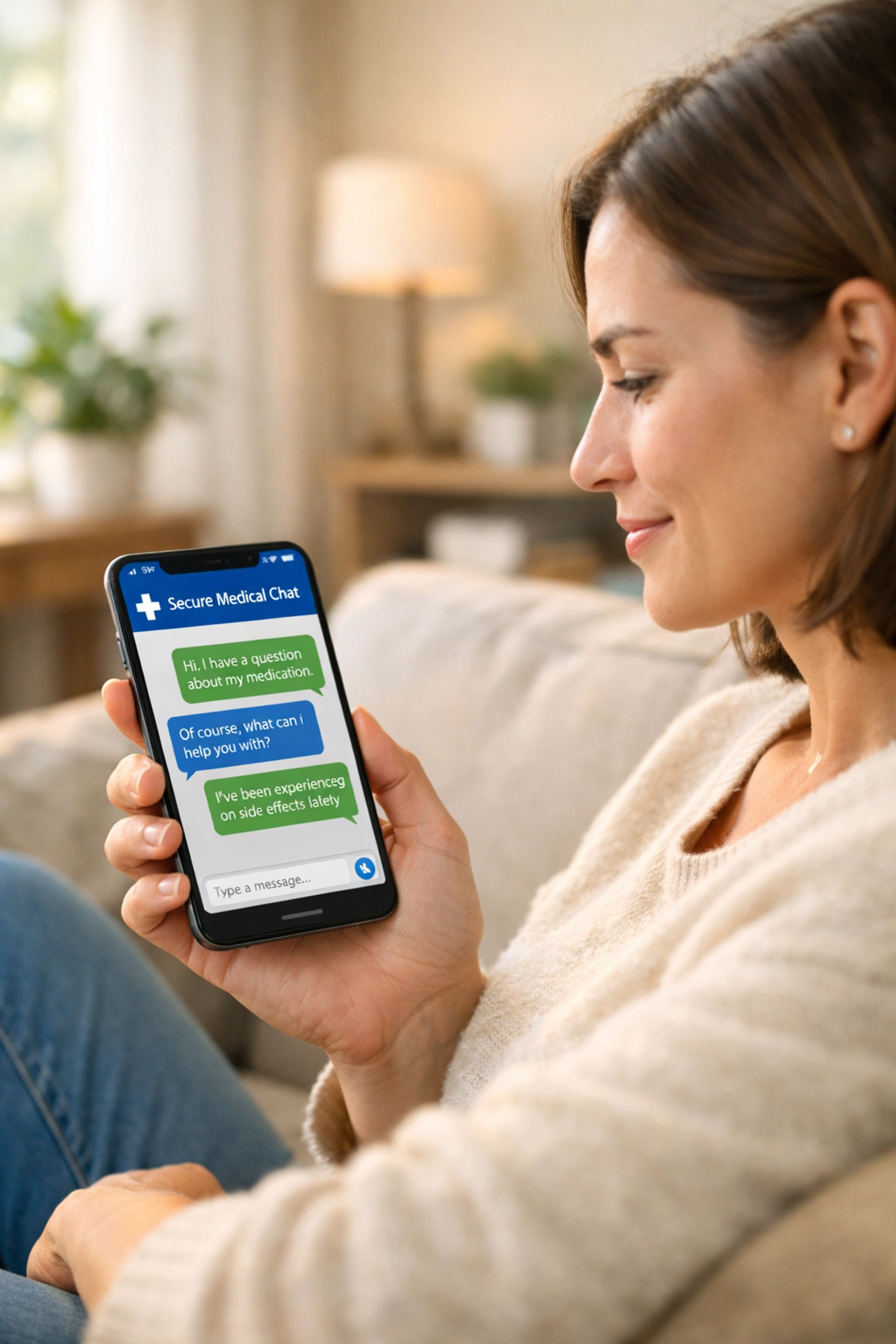 A person using secure medical messaging on a smartphone for an online weight loss consultation from home.