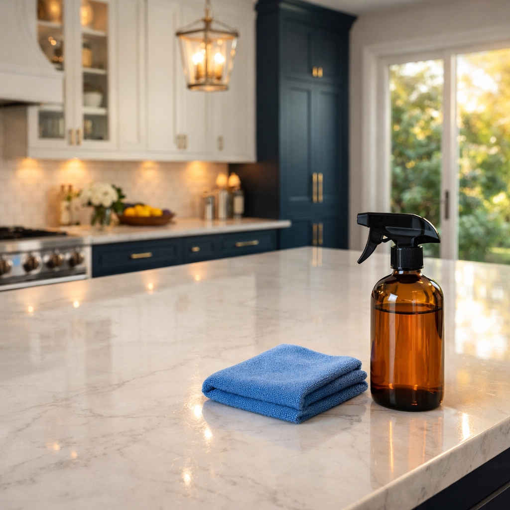 Professional eco-friendly luxury cleaning in Longmeadow preserving white marble kitchen countertops.