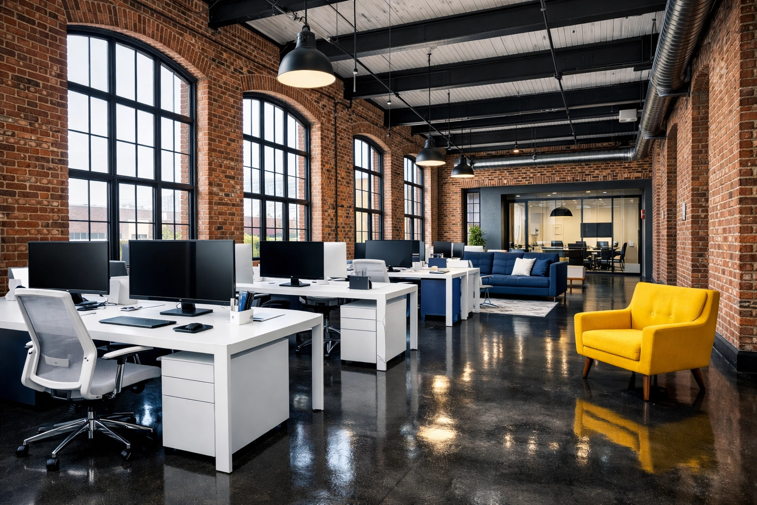 Modern Holyoke office in a restored mill with polished floors cleaned by paper city janitorial services.
