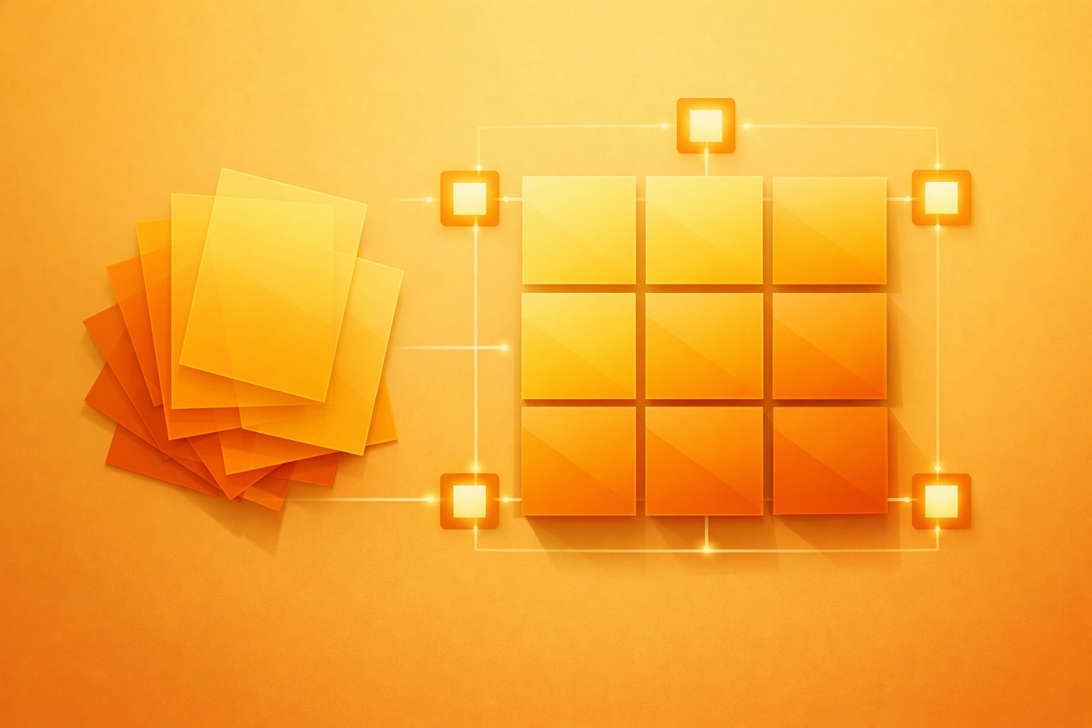 Graphic of digital nodes organizing print layouts for efficient production and inventory management.