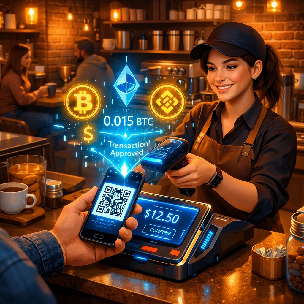 Small business coffee shop accepting crypto payments via QR code at point-of-sale terminal