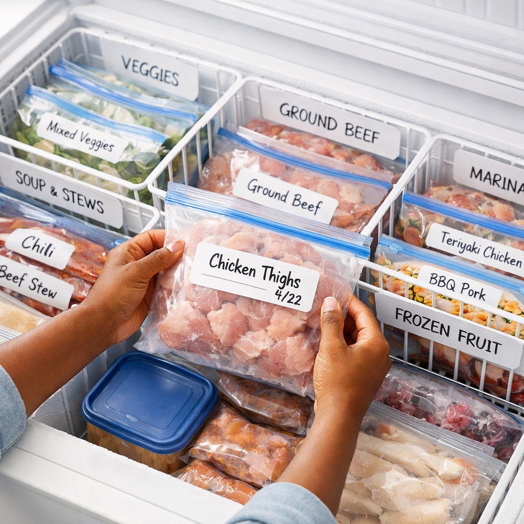 Freezer with labeled meal prep bags showing bulk buying strategy to save money