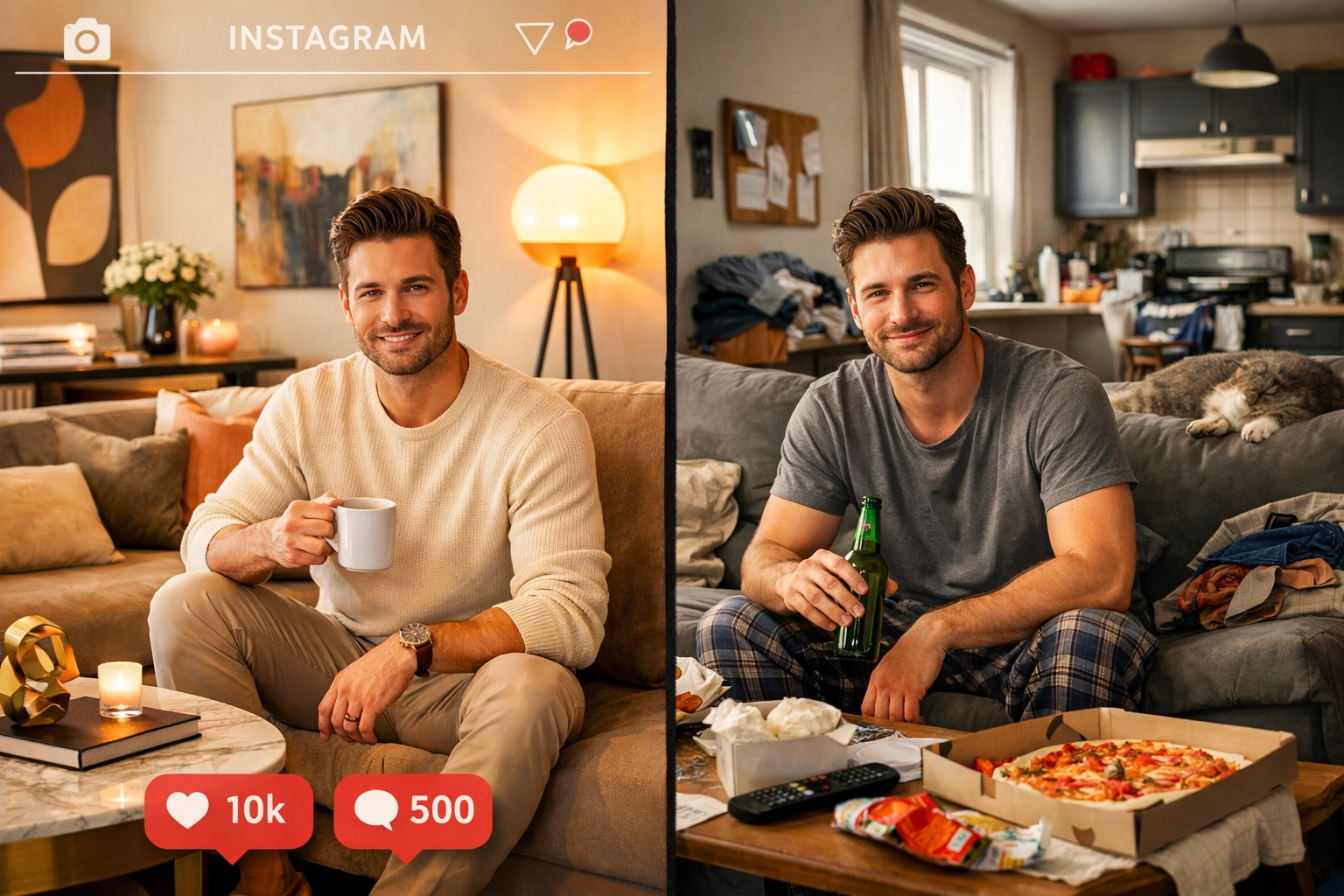 Split screen comparing curated Instagram profile versus real life for gay dating authenticity