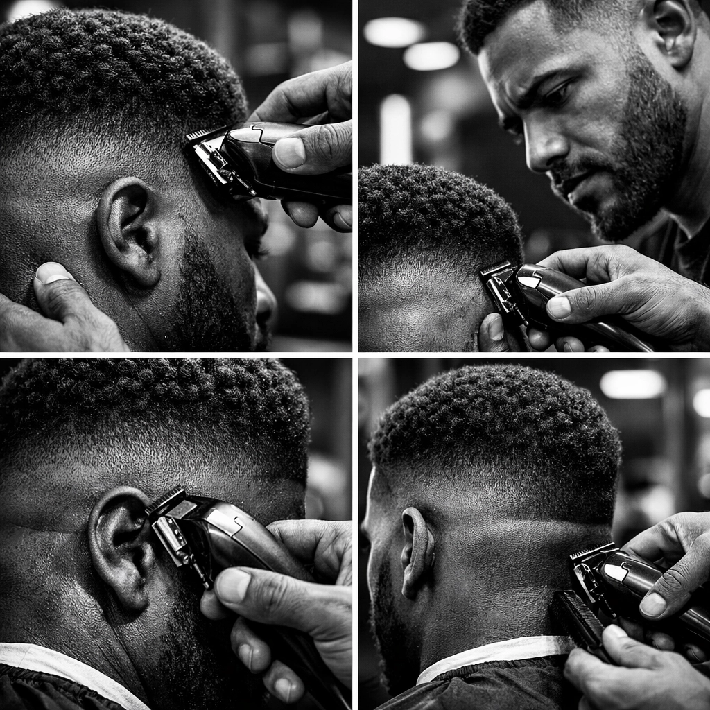 Barber performing precision fade on textured hair during hands-on training at Ohio barber school
