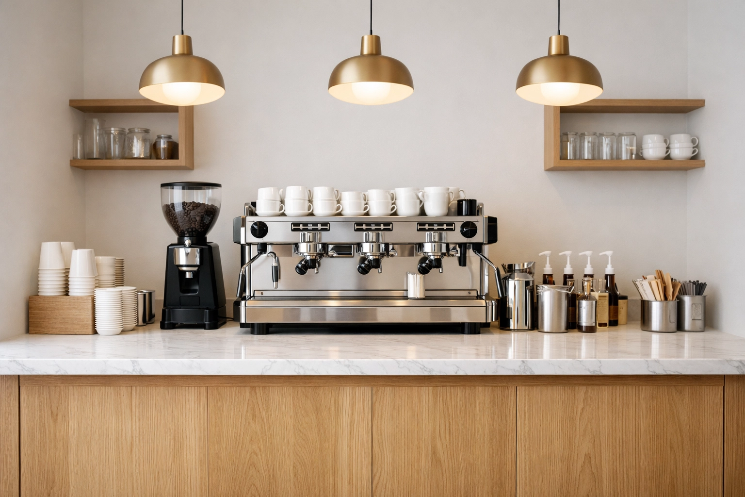 Modern coffee shop layout featuring an efficient espresso bar and professional equipment.