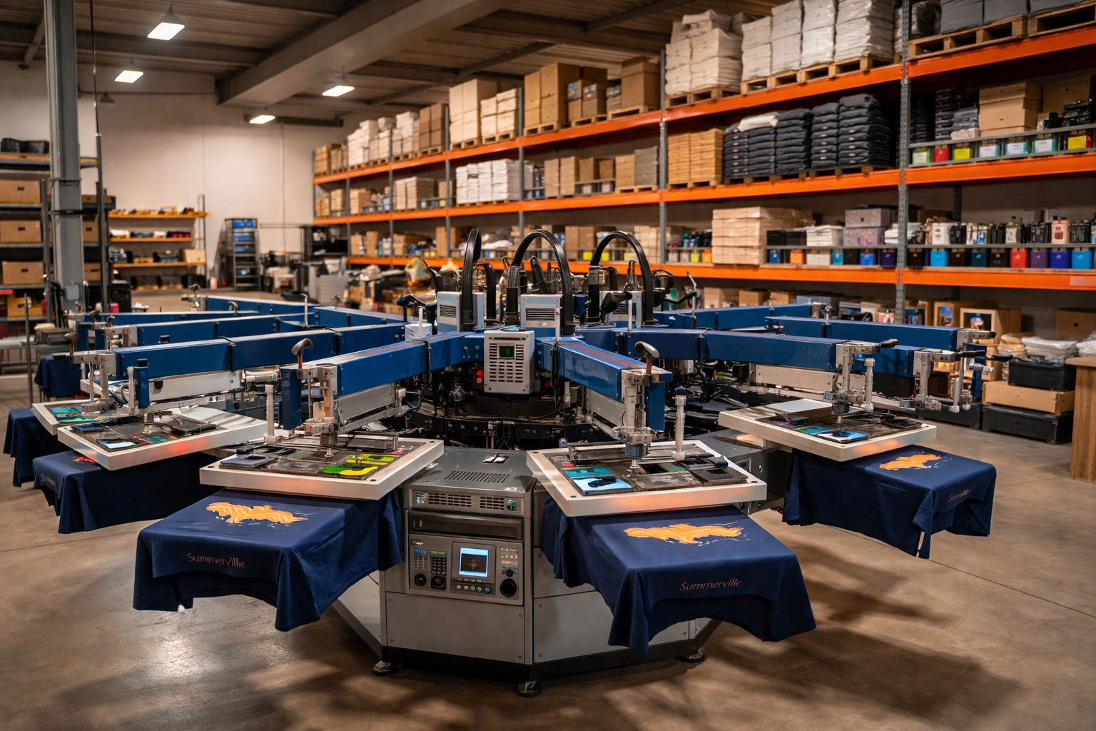 Modern screen printing warehouse with carousel machine, printed shirts, and organized shelving.-Screen Printer QuickBooks Guide & Scalable Systems