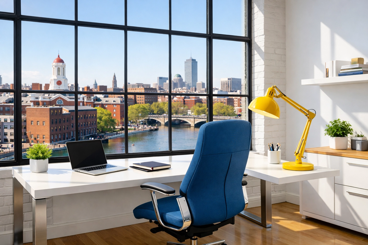 A pristine home office in a Central Square loft showcasing professional office cleaning Cambridge standards.