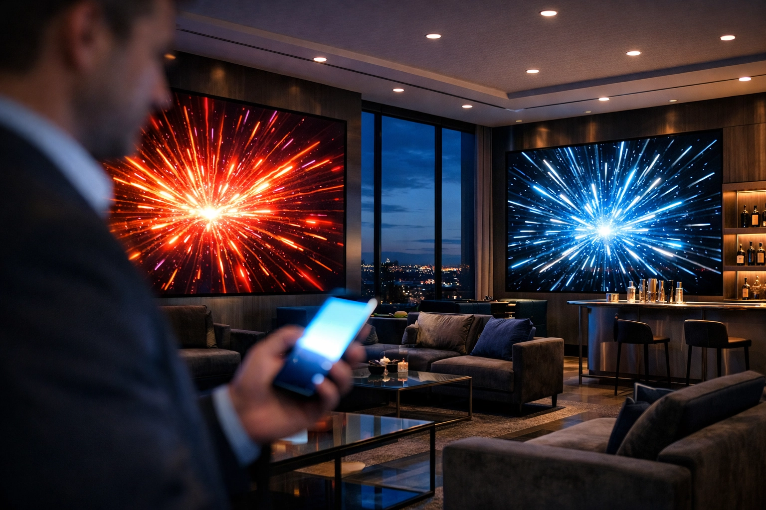 Corporate hospitality VIP lounge featuring digital branding displays and mobile integration for business events.