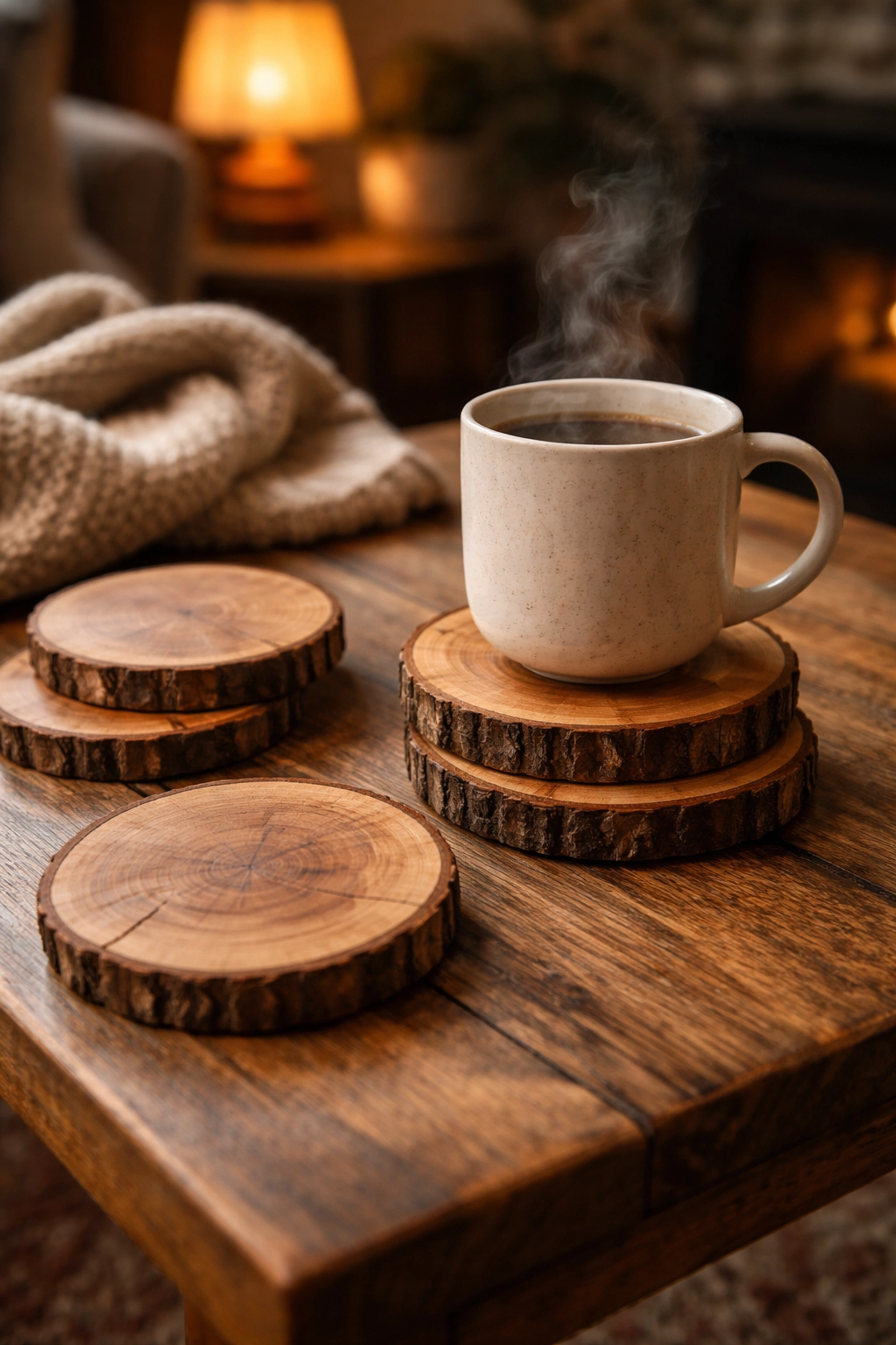 Artisan wooden coasters and coffee mug on reclaimed table, showcasing functional handcrafted gift ideas.