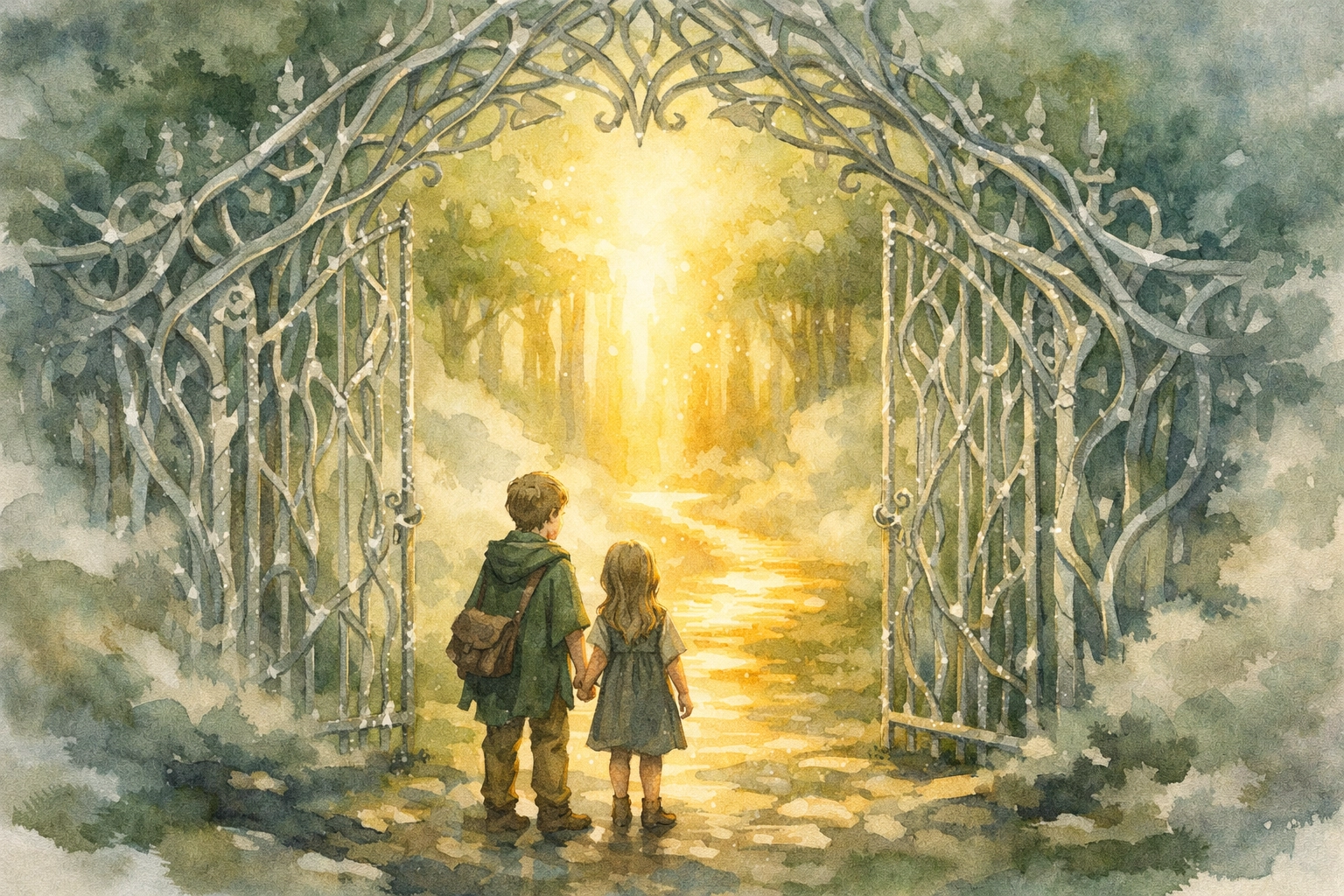 Siblings walking through a silver gate onto a golden path representing a child's journey of faith.