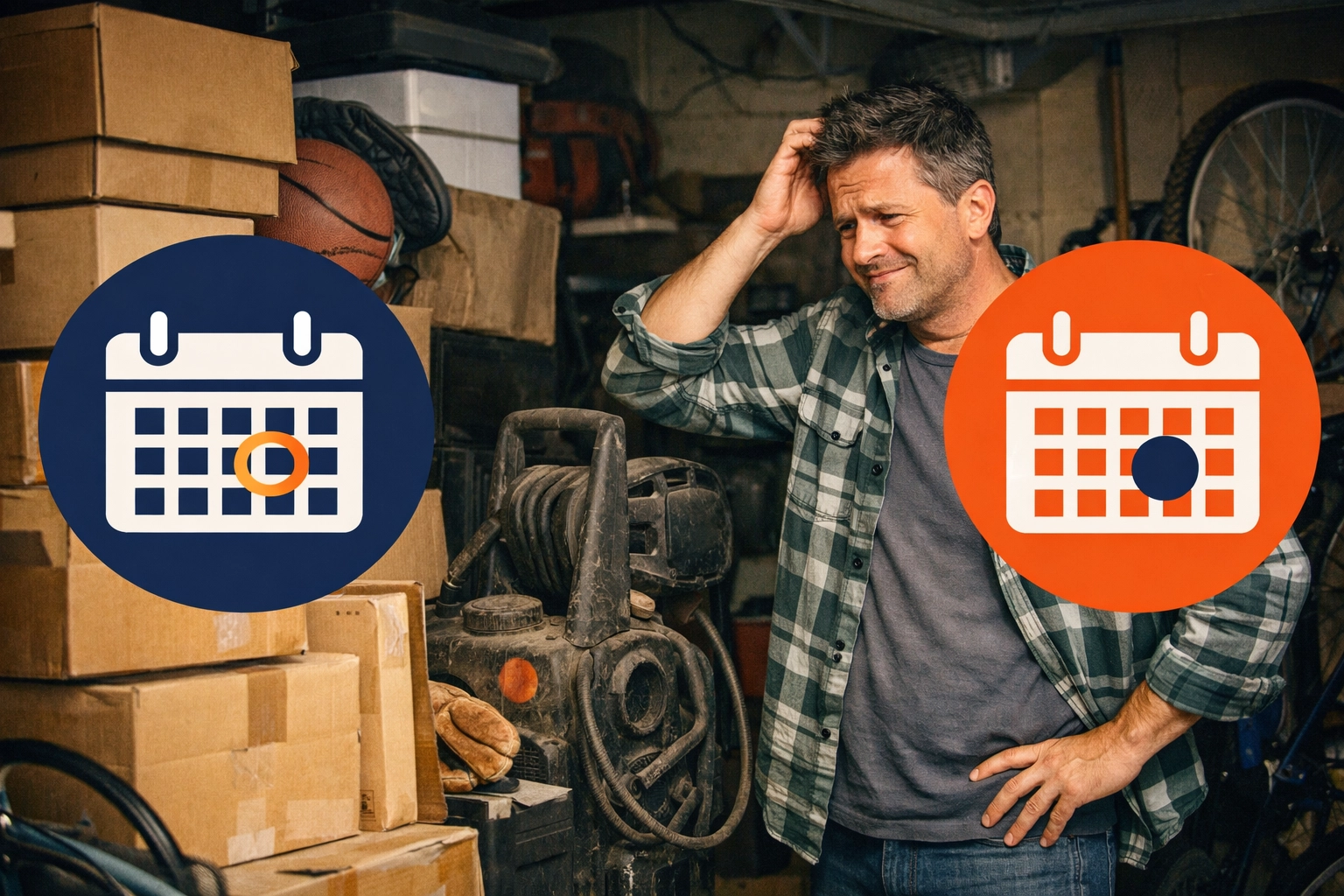 Man in a cluttered garage looking at a dusty power washer used only one day a year.