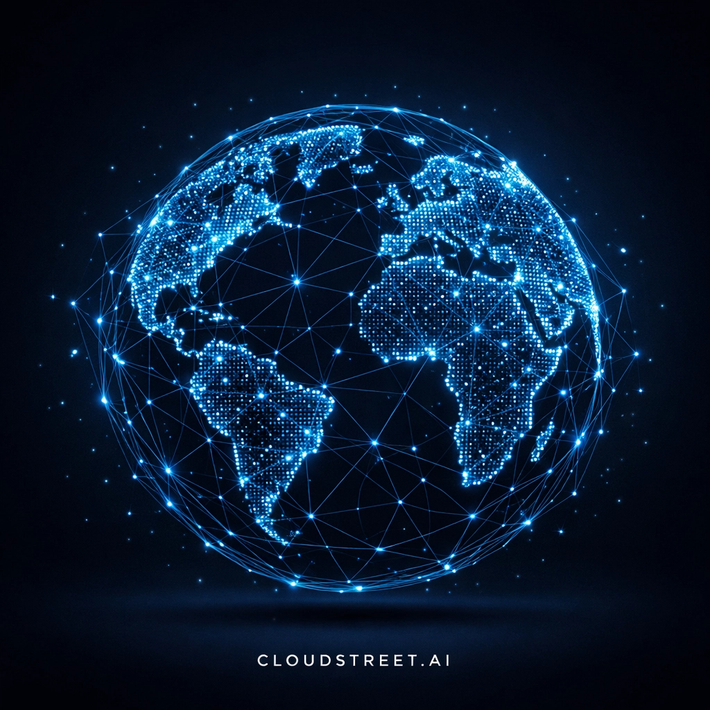 A connected digital globe representing a unified Salesforce Customer 360 and global commerce ecosystem.
