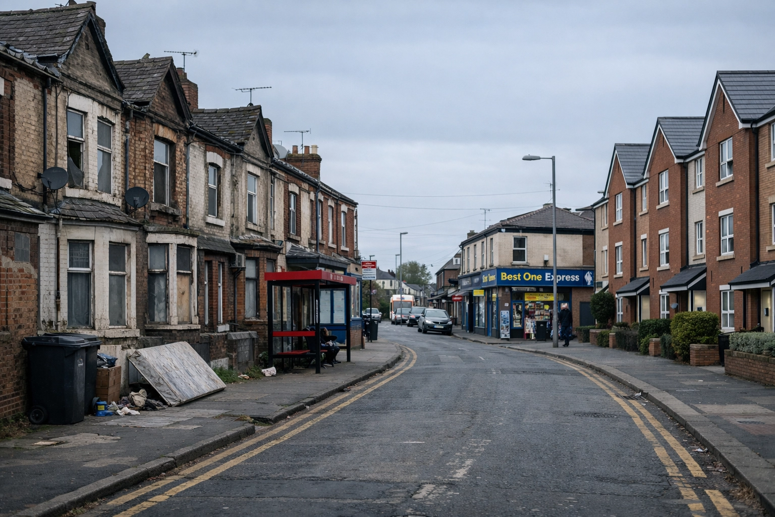 UK street showing housing inequality affecting respiratory health outcomes and deprivation levels