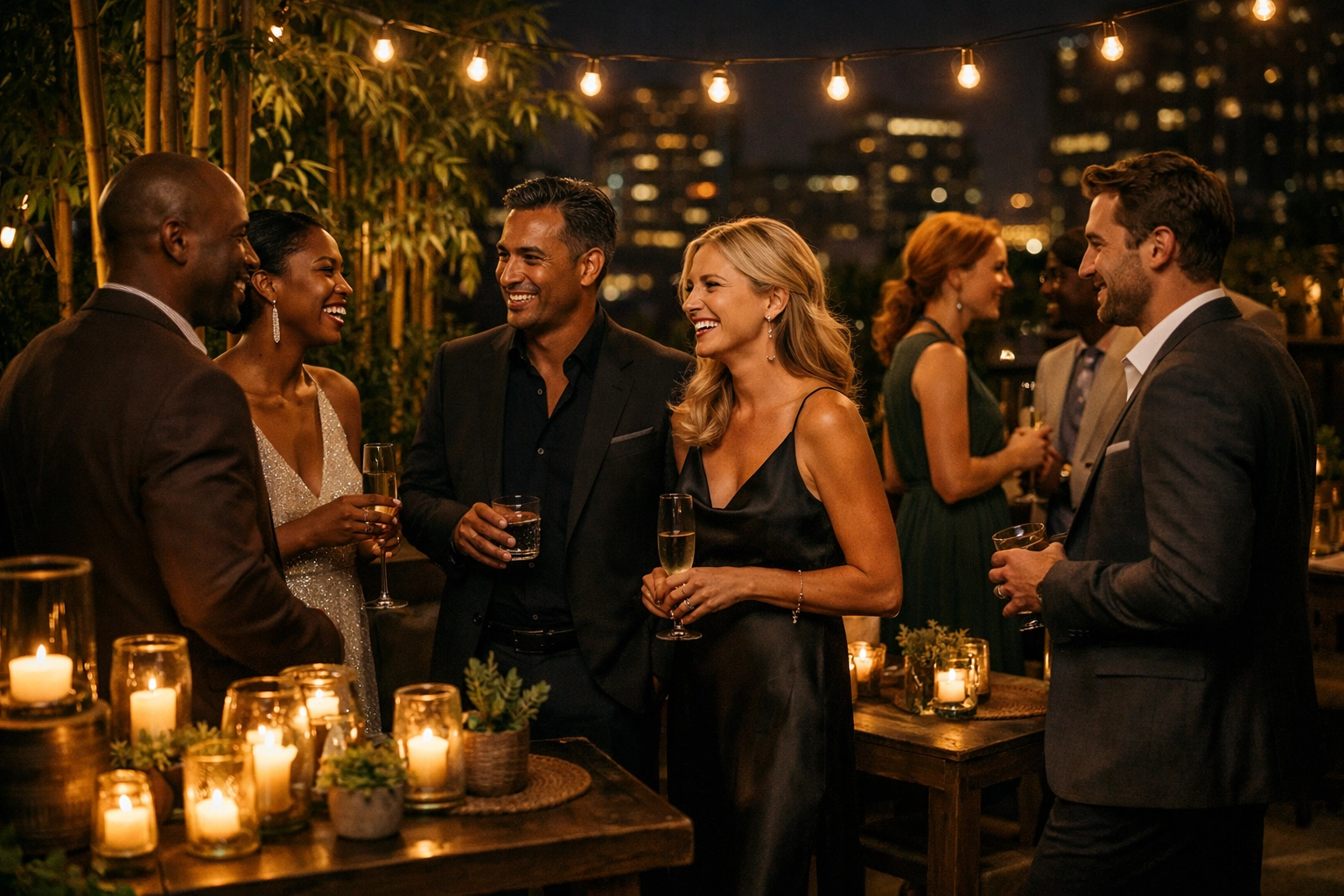 Diverse guests mingling at an upscale rooftop event featuring sustainable décor and eco-friendly accents