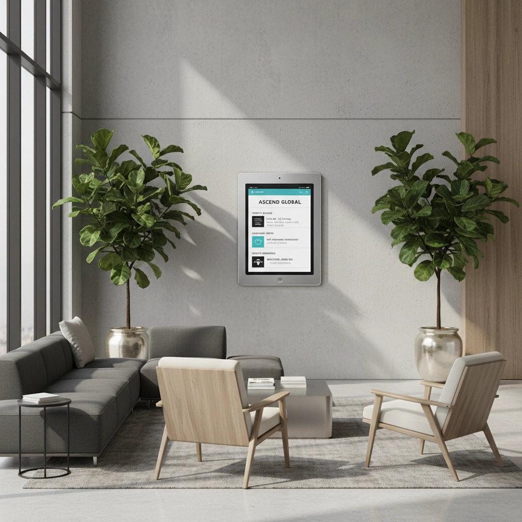 a municipal work space with chairs, a couch and a table with an interactive display on the wall in the background