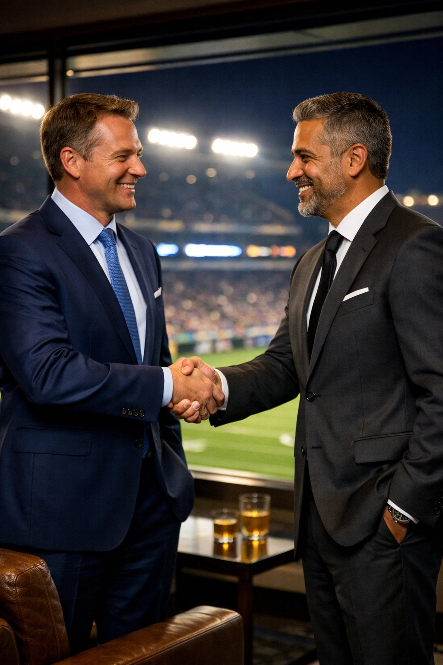 Business professionals shaking hands in a luxury stadium skybox to finalize a Super Bowl corporate deal.