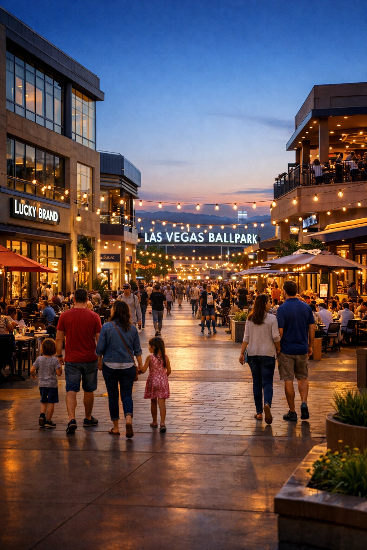 Downtown Summerlin plaza with shops restaurants and Las Vegas Ballpark outdoor dining