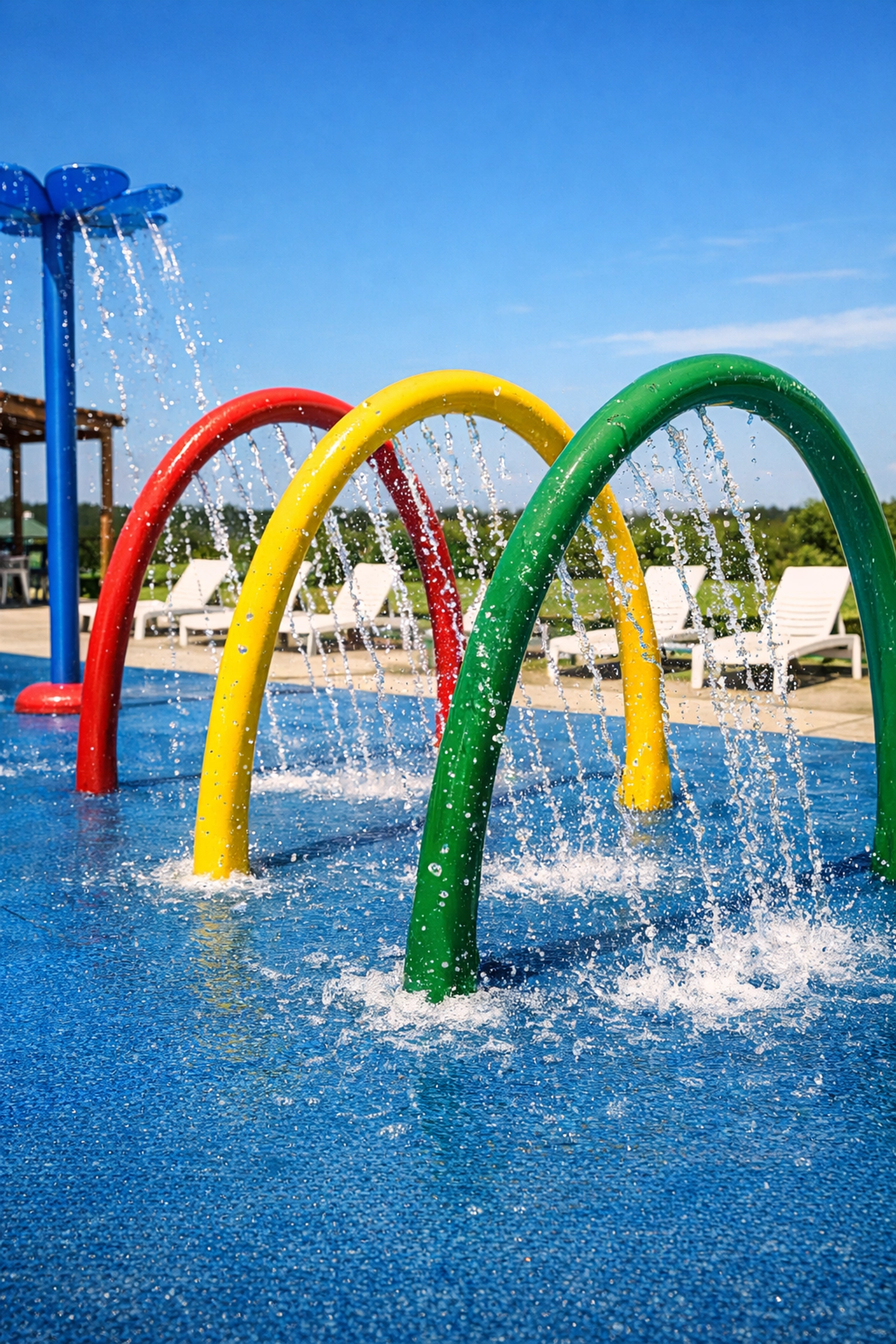 Colorful outdoor splash pad for family fun at Post Oak manufactured home community.