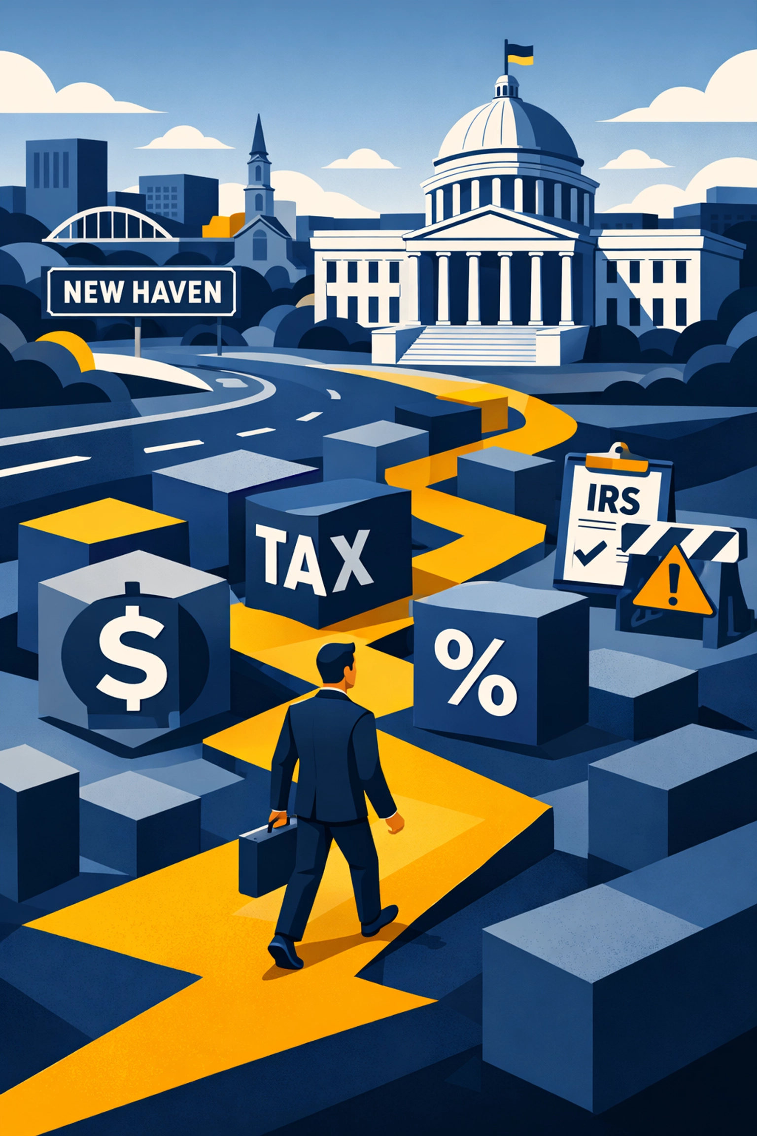 Professional tax planning navigation through New Haven streetscape and tax law obstacles.