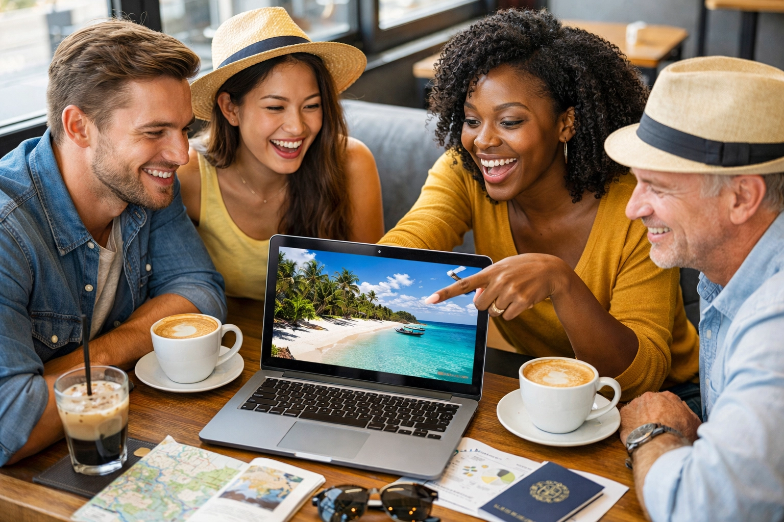 Travelers planning vacation with travel agent using laptop at coffee shop