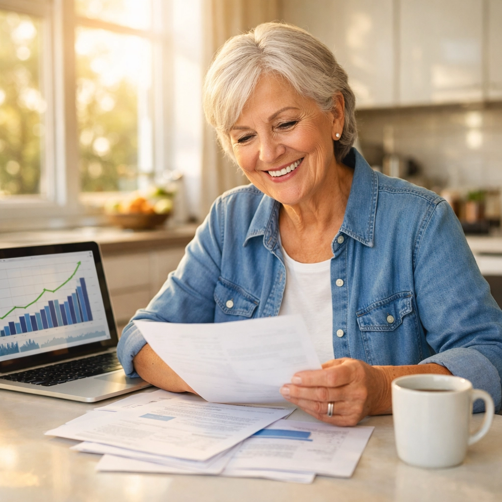 Confident retiree reviewing guaranteed lifetime income plan with financial security and peace of mind