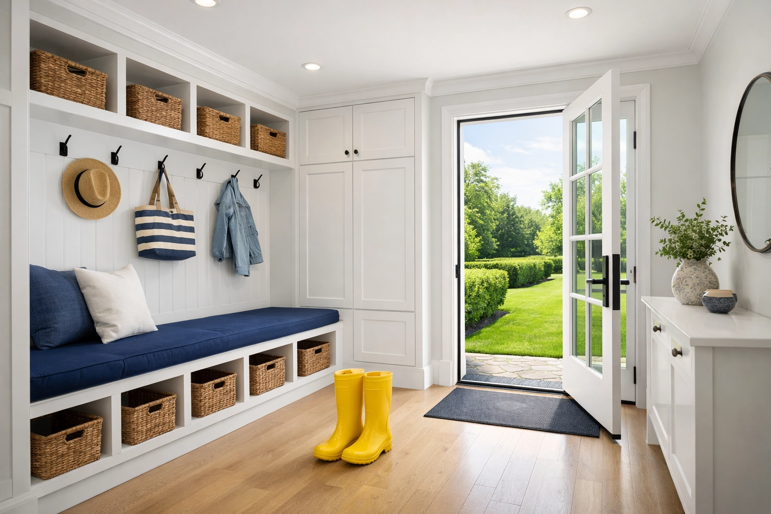 Organized Milton house cleaning entryway with pristine white cabinetry and a view of a manicured lawn.