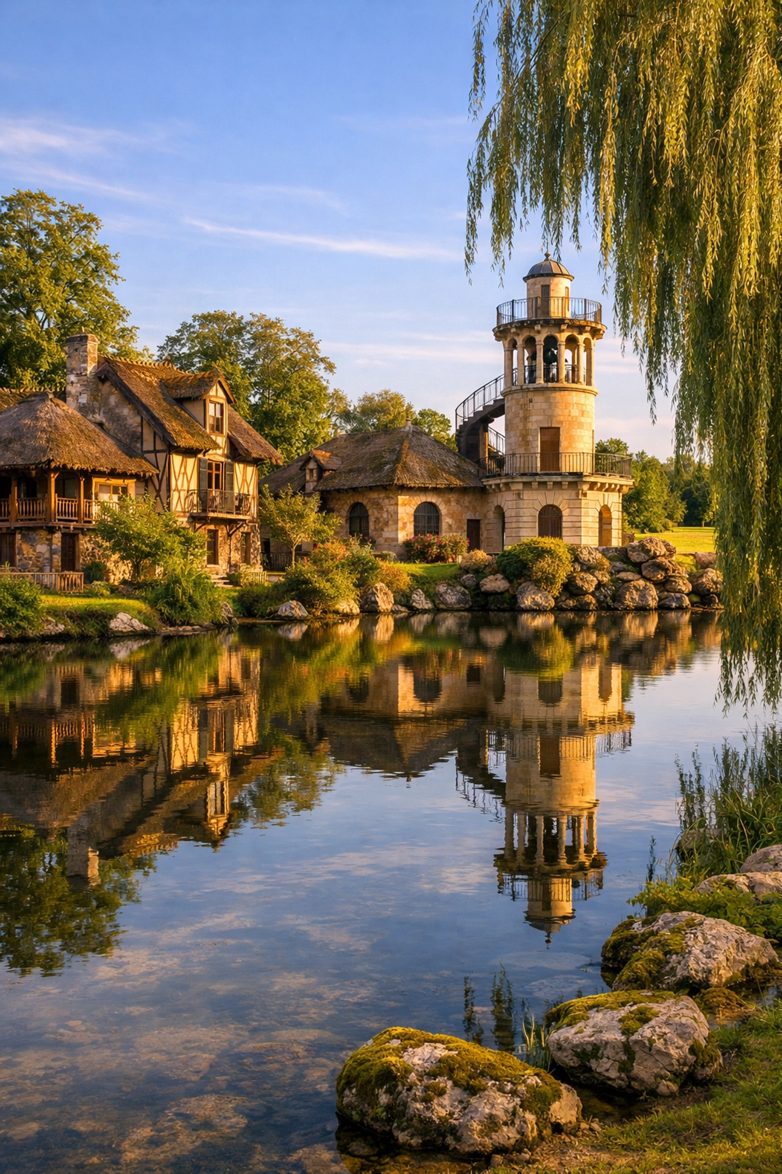 Rustic cottages and Marlborough Tower reflected in the pond at Queen’s Hamlet, a quiet Versailles photo spot.