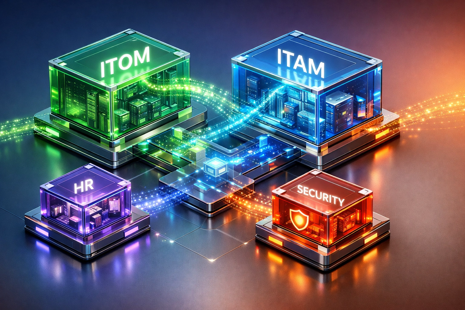 Interconnected ServiceNow modules including ITOM, ITAM, Security, and HR with integrated workflows