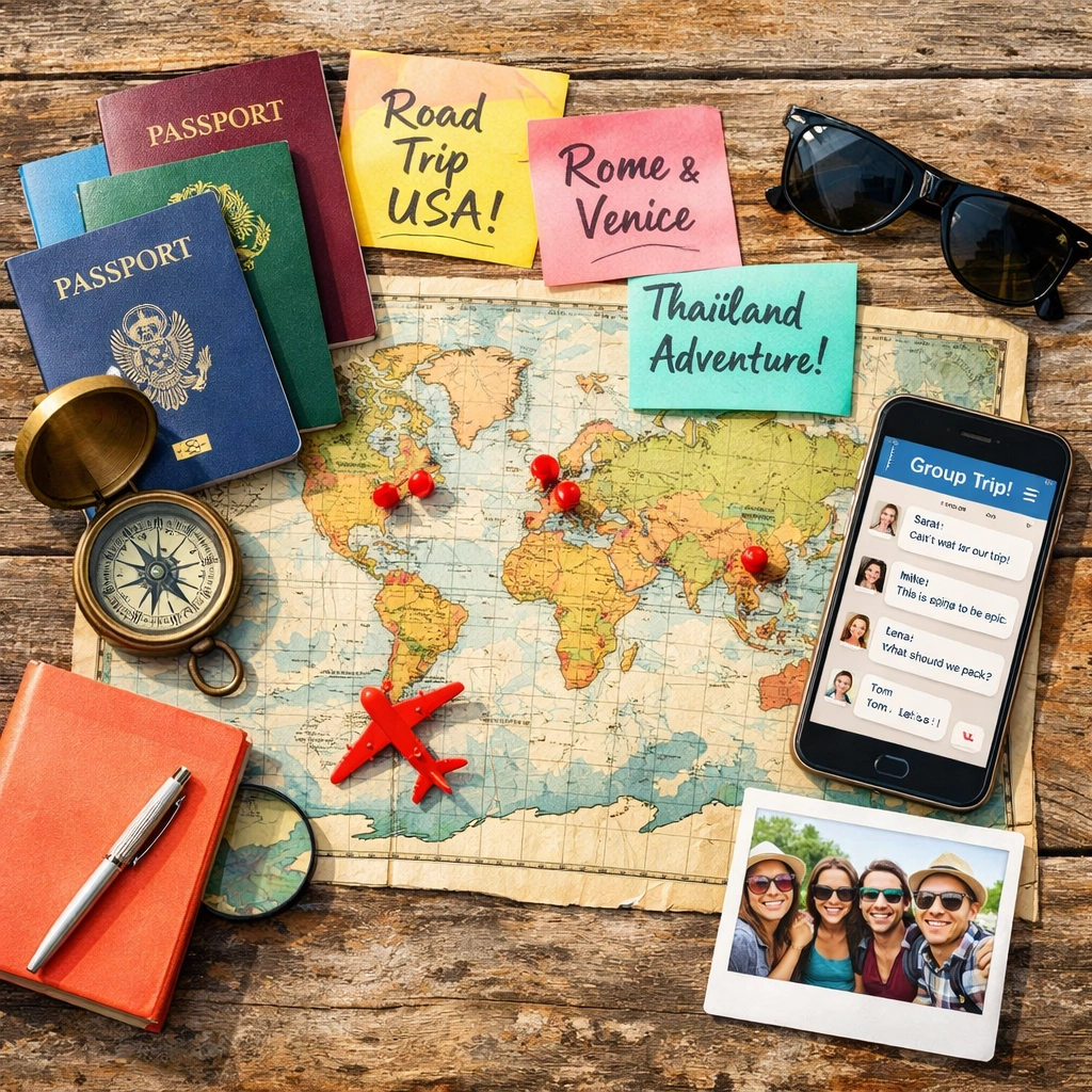 Group trip planning tools including passports, map, compass, and travel notes on table
