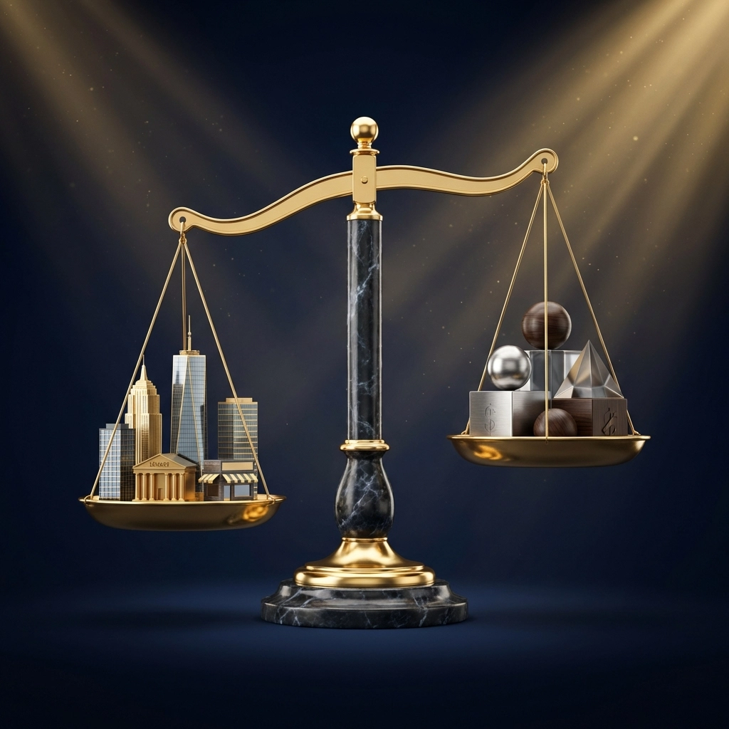 Balanced scale comparing public markets and private equity investments, illustrating diversification in 2026 portfolios