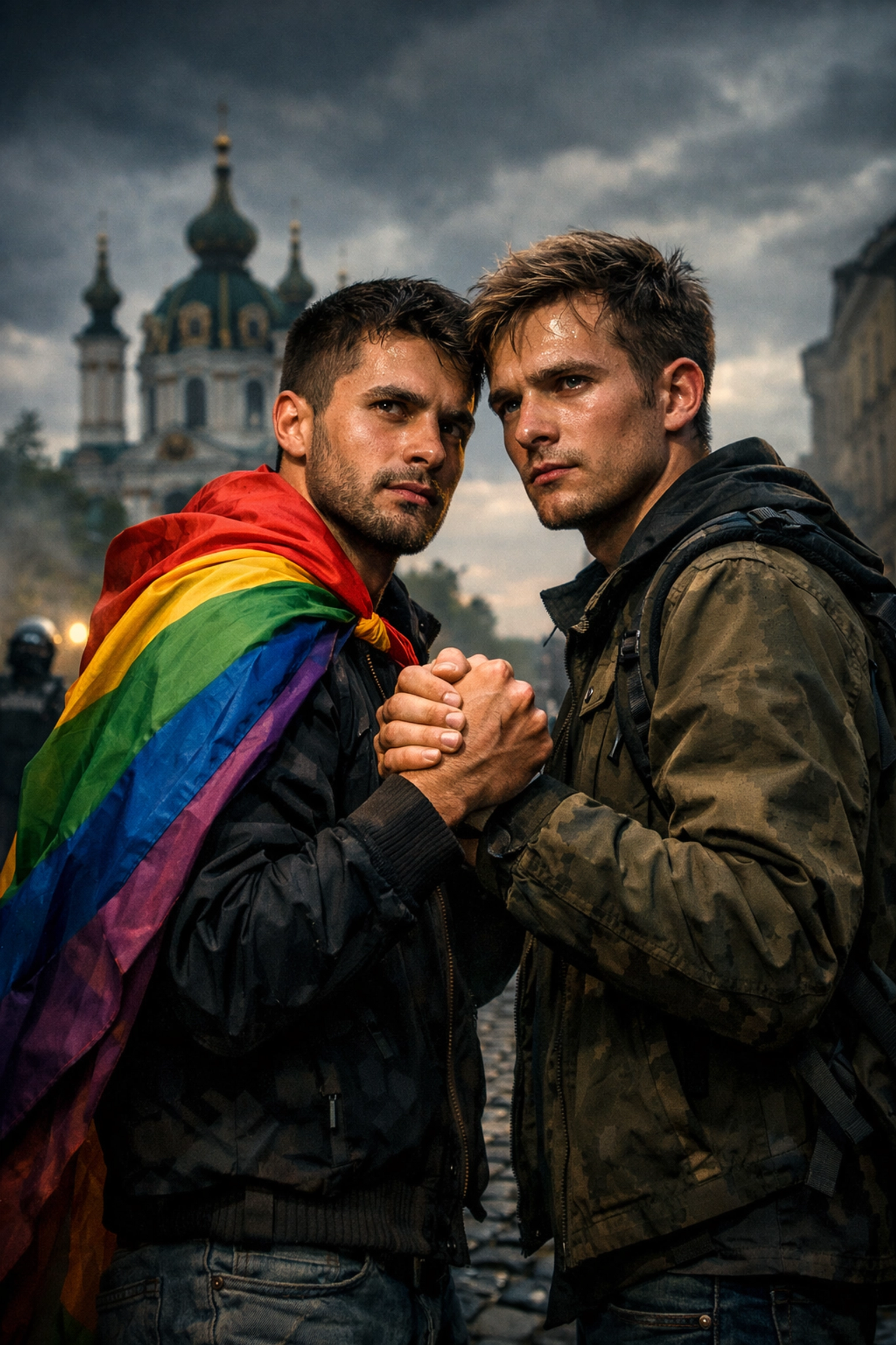 Defiant gay couple holding hands with a rainbow flag in Kyiv during an early Pride march.