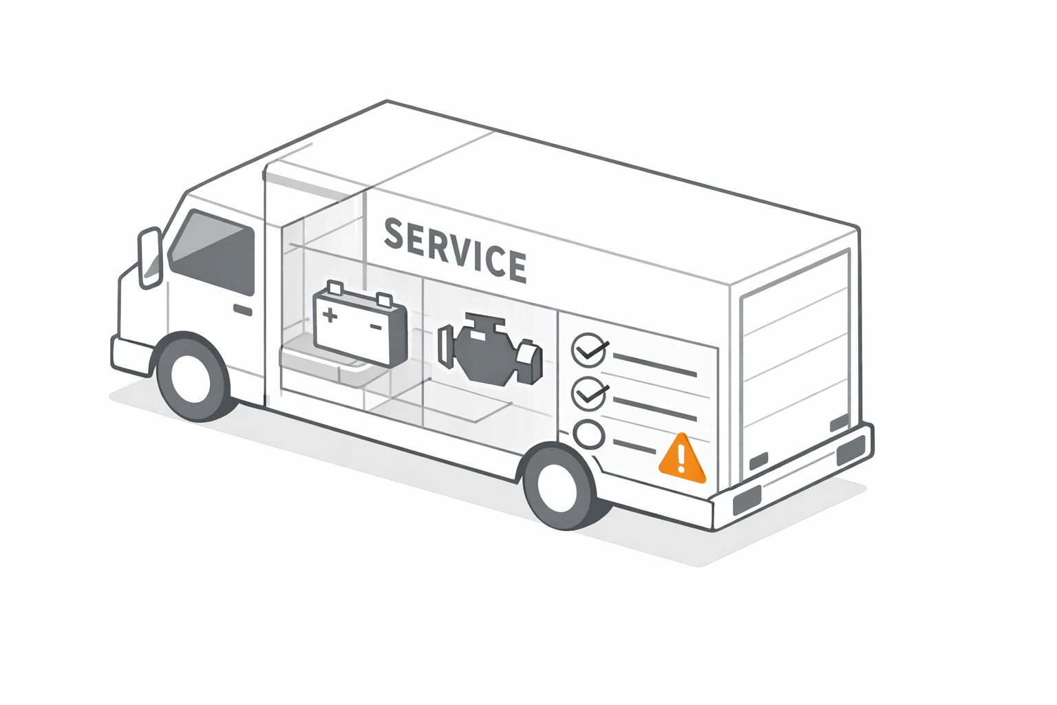 HVAC service truck with diagnostic overlay showing battery, engine, and maintenance monitoring systems