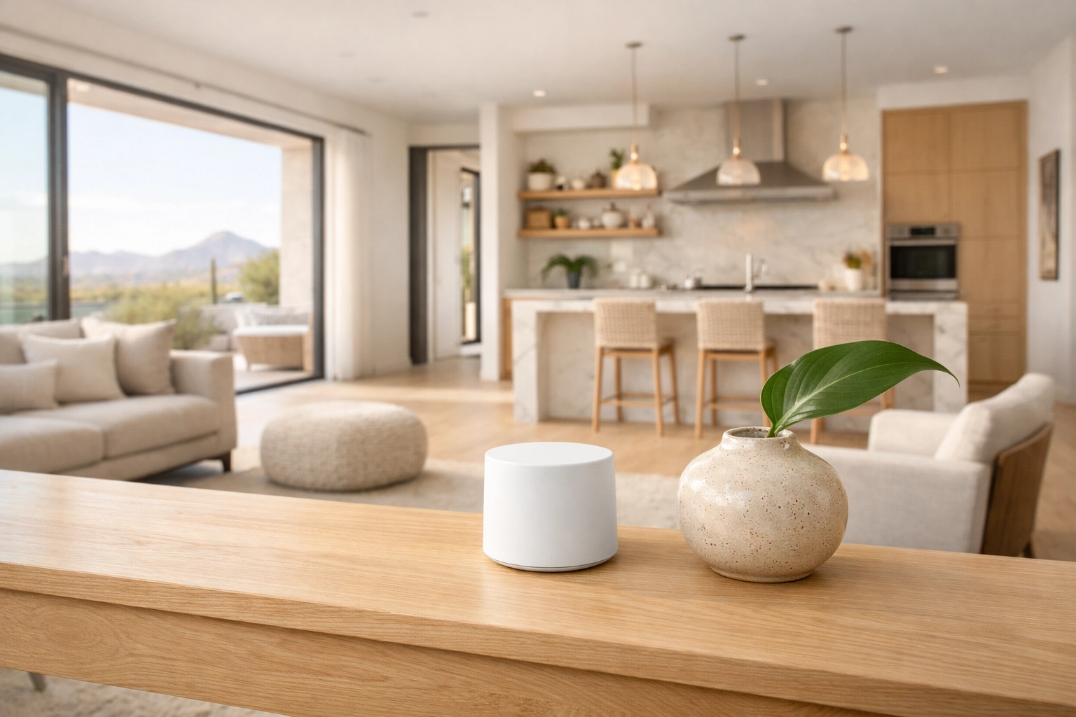A minimalist Scottsdale living room featuring a mesh Wi-Fi node for smart home connectivity.