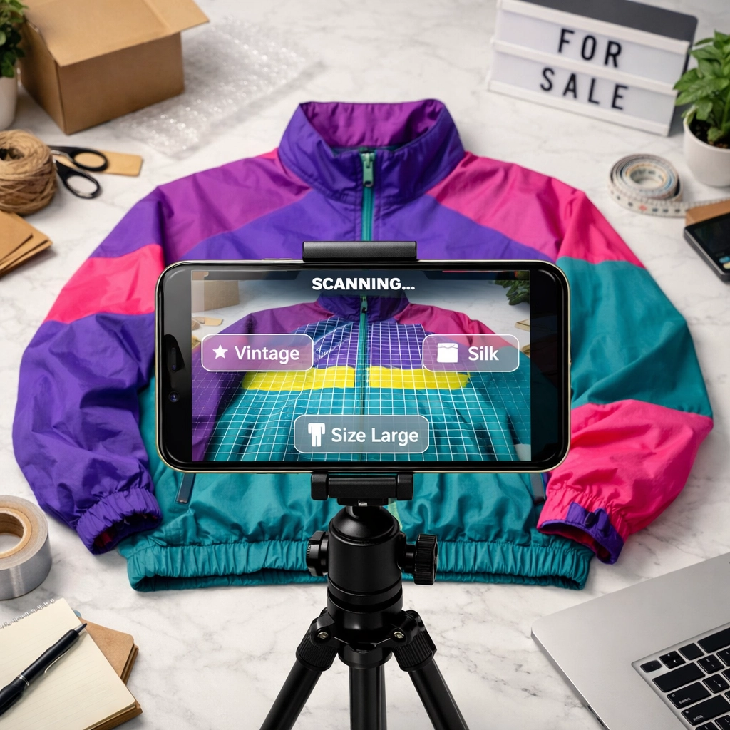 Using AI tools for resellers to scan a vintage jacket and generate accurate product keywords.