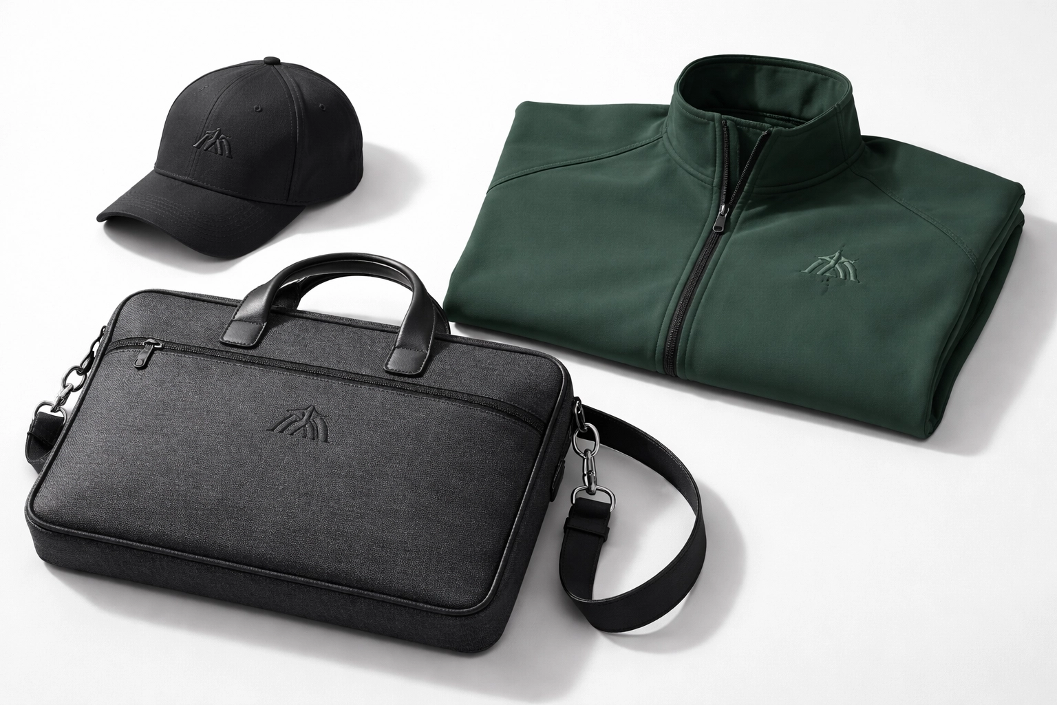 Embroidered corporate accessories including a black cap, gray laptop bag, and green jacket, highlighting custom apparel options for business branding.