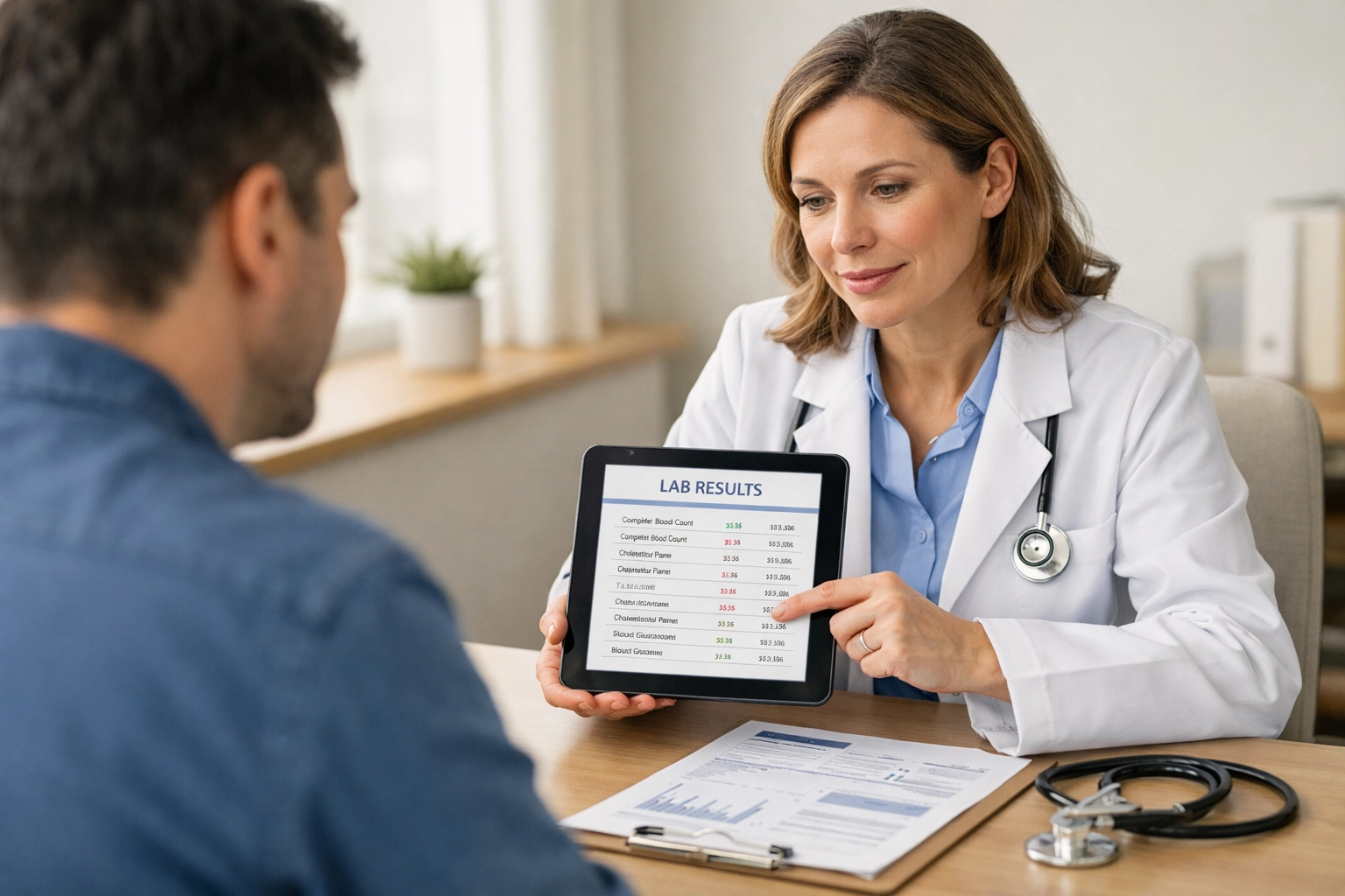 Licensed medical provider reviewing diagnostic lab results during IV therapy consultation