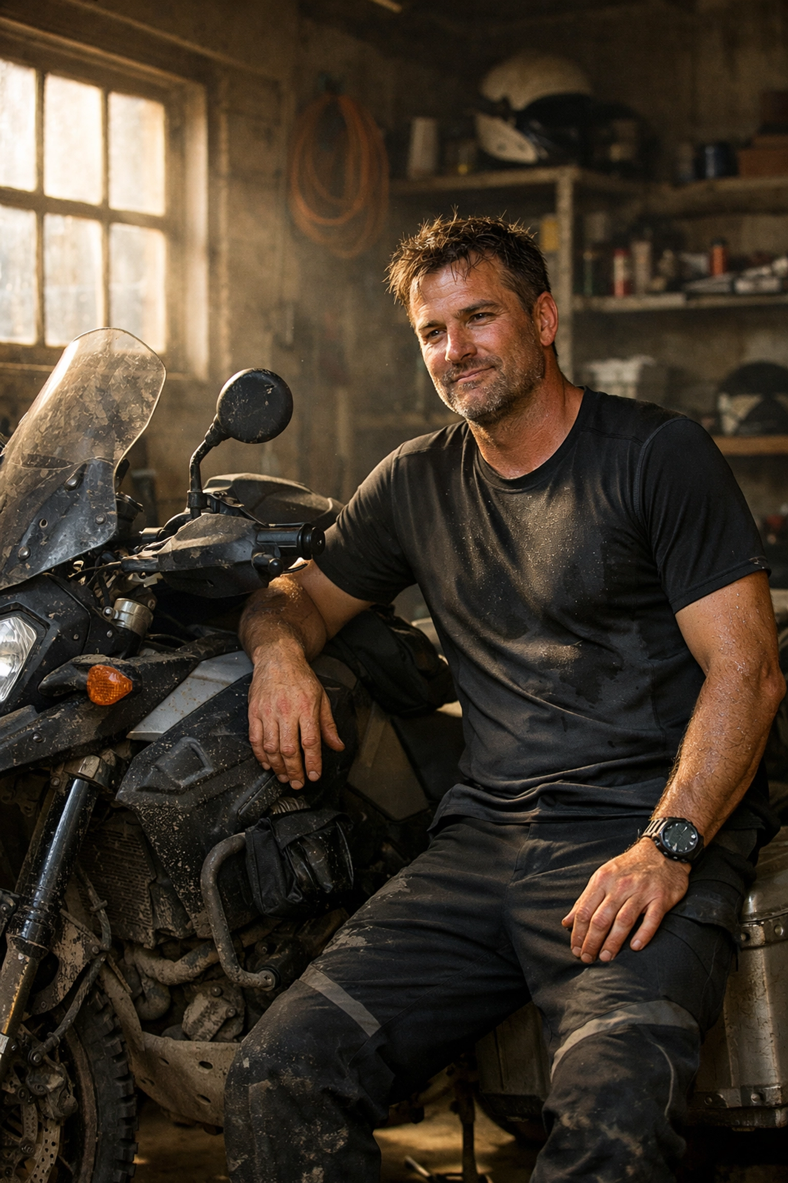 Active man in garage wearing high quality mens underwear for athletic support and everyday comfort.