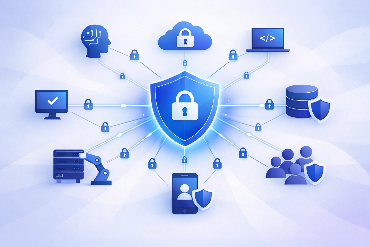 Interconnected AI agents in a Zero Trust network focused on secure identity and access management.