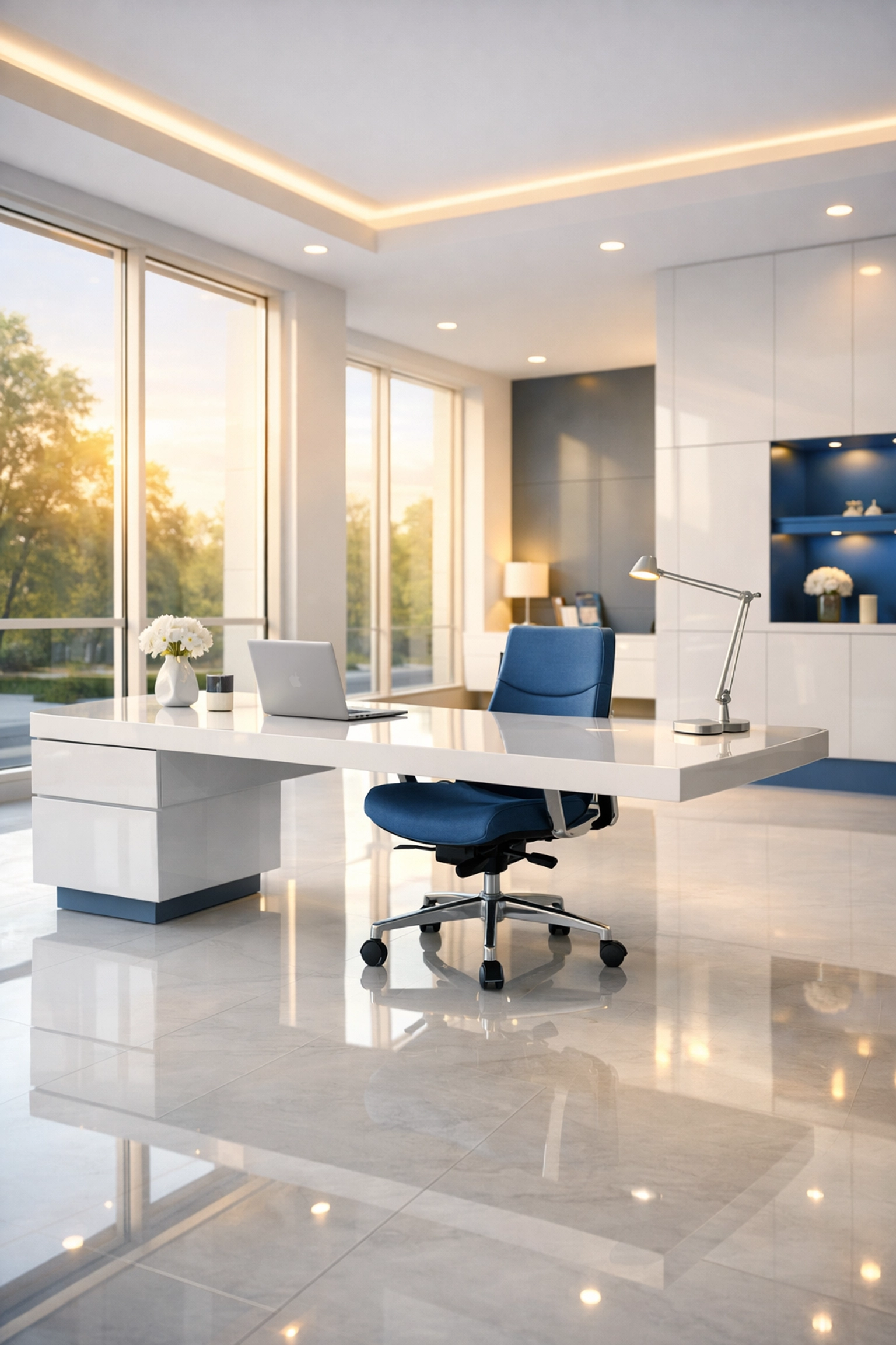 A sunlit, dust-free office space in Littleton following a professional post construction cleaning service.