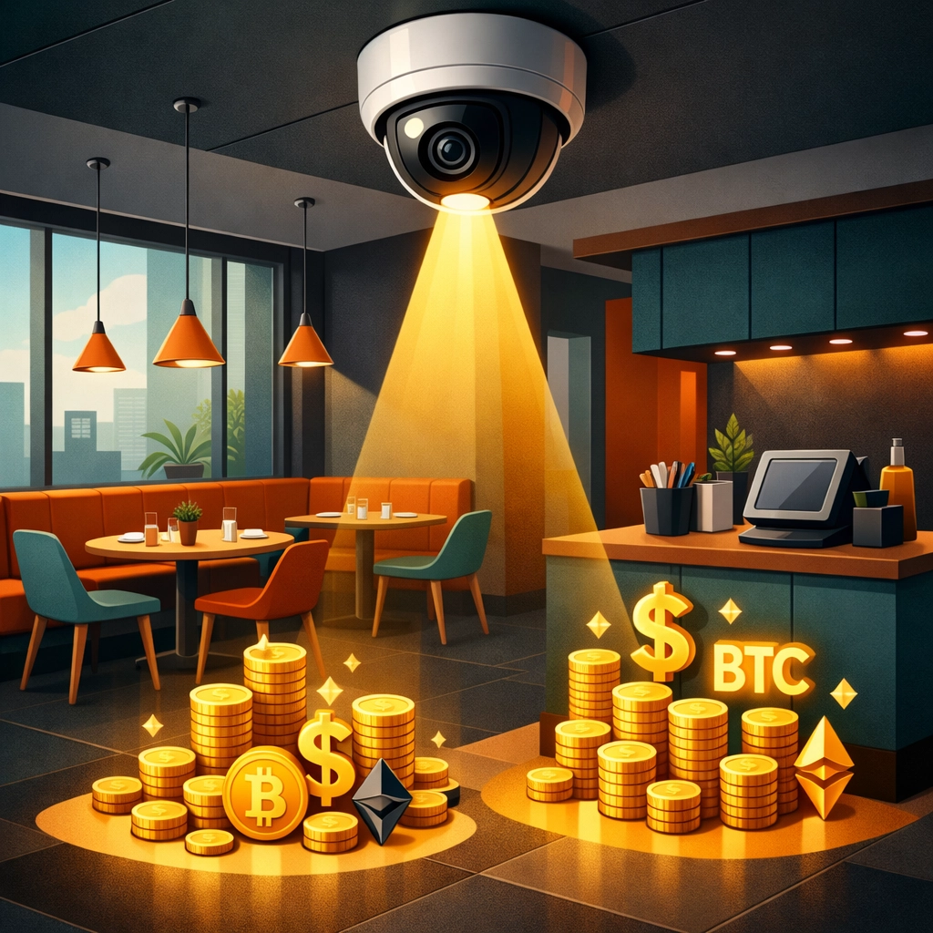A restaurant security camera turning operational data into gold coins to represent increased profit.