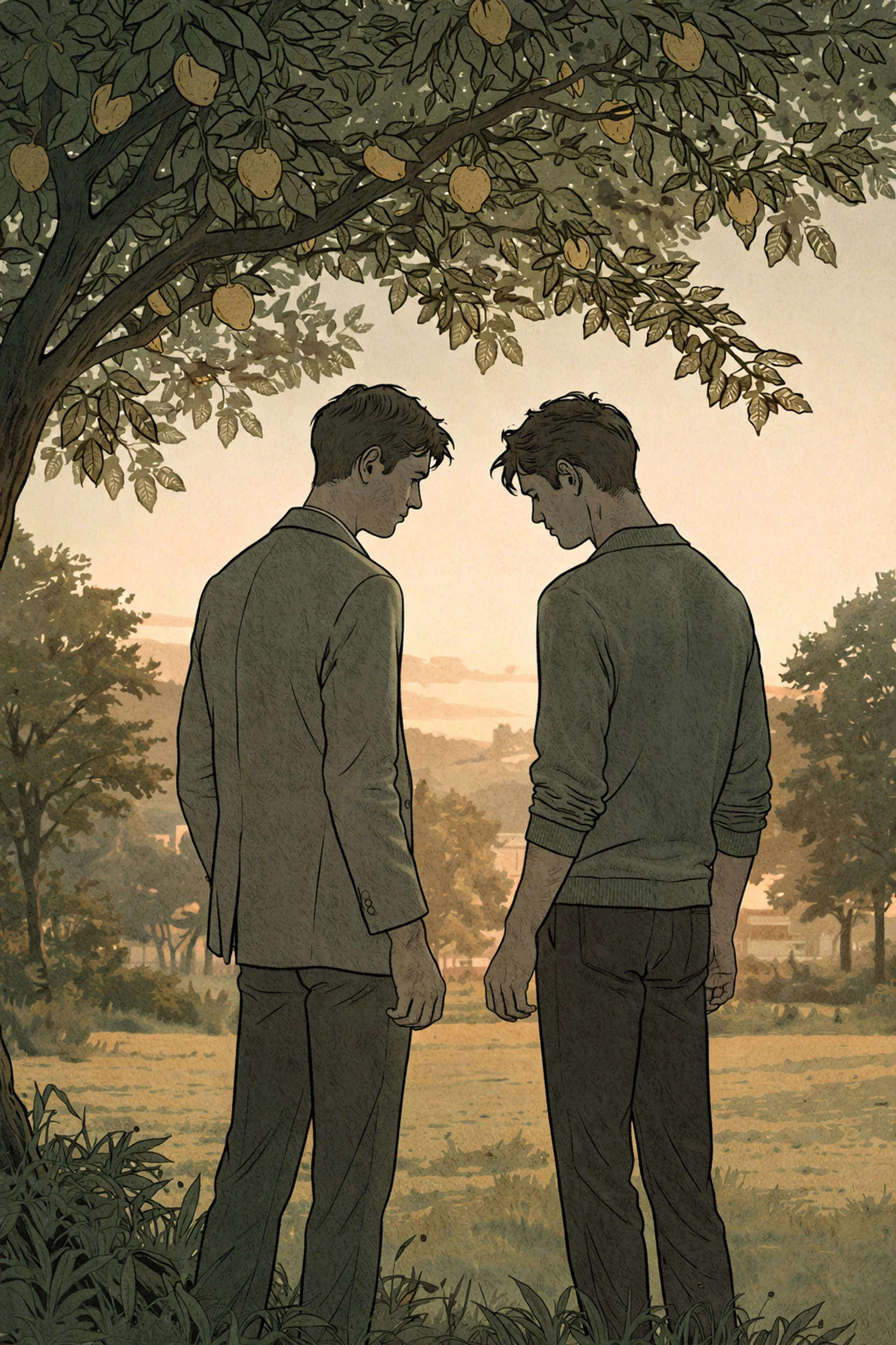 Two men in their late thirties stand beneath a lemon tree at dusk, capturing the rekindled longing of MM romance in a small town setting.