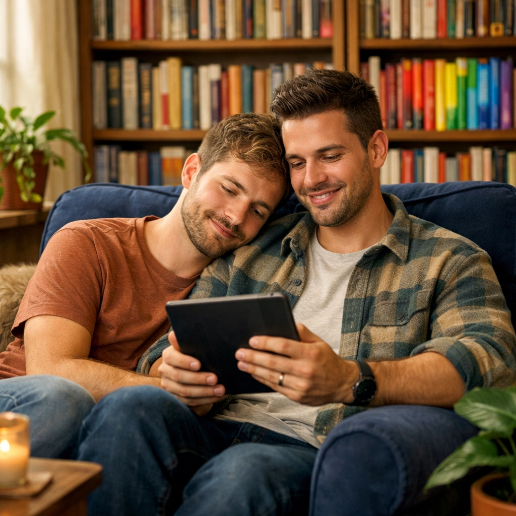 A gay couple reading LGBTQ+ books in a cozy home library, celebrating the themes of MM romance and love.