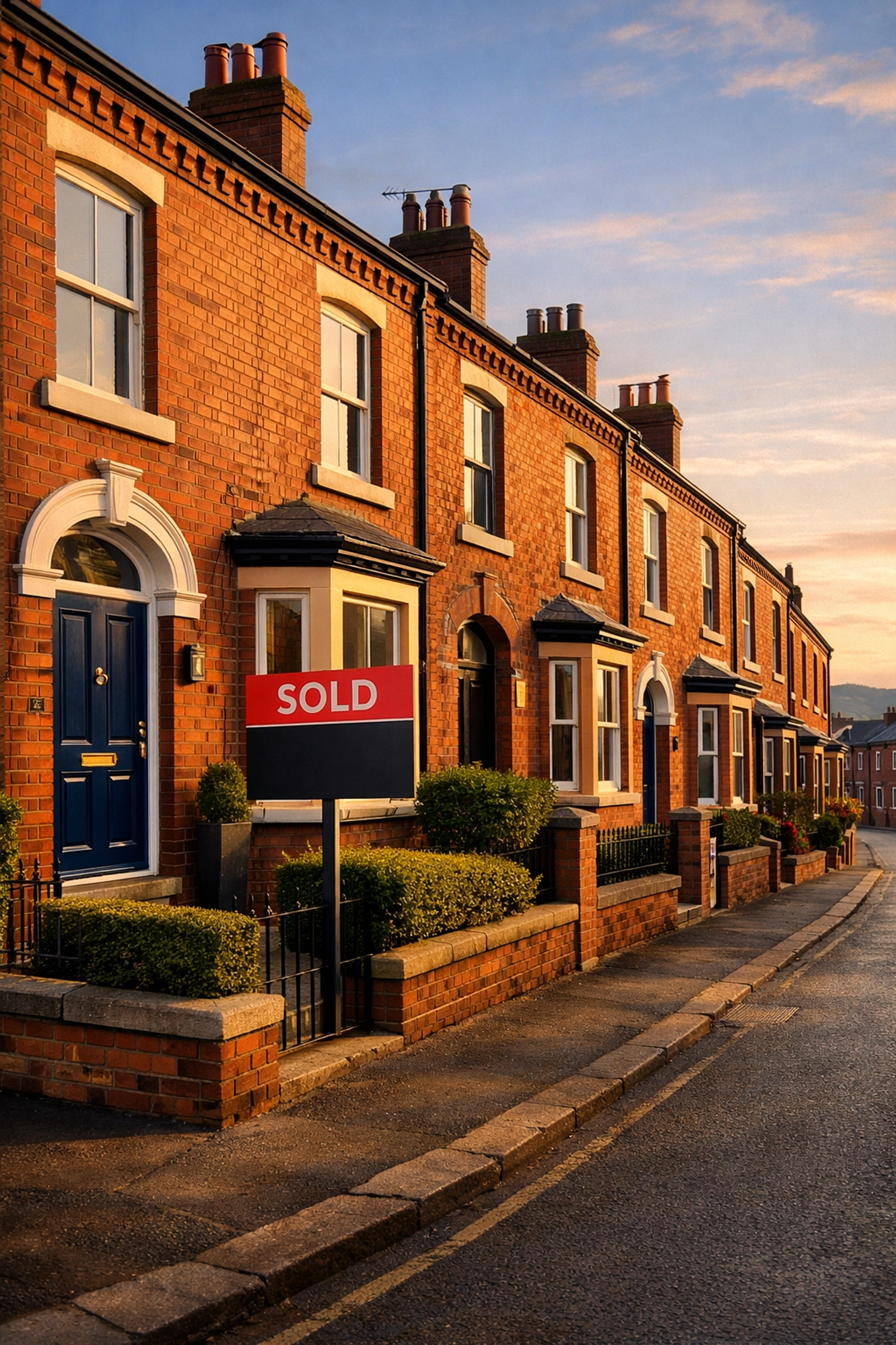 Row of red-brick terraced houses in Oldham with a sold sign, highlighting local property investment potential.