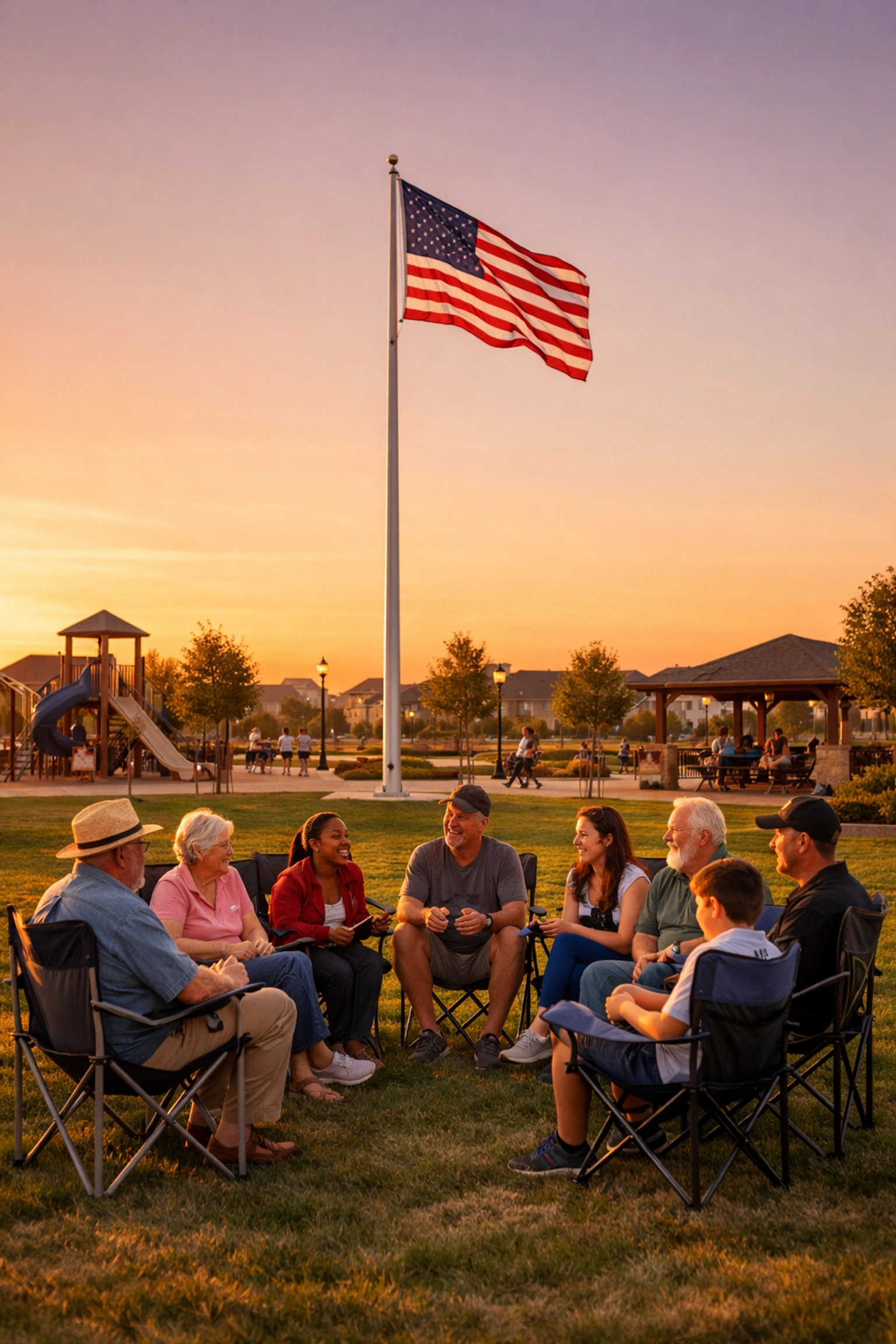 A community gathering in a park discussing patriotic values and American unity under a flagpole.