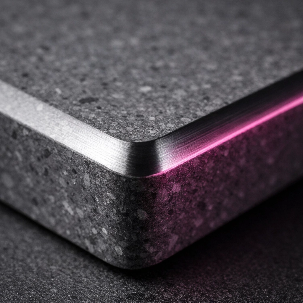 A smooth, professionally routed chamfer edge on a solid-coloured recycled plastic construction panel.