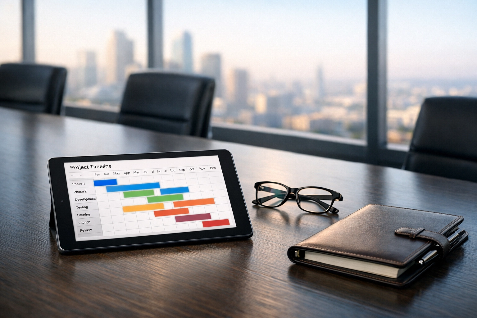 Corporate boardroom table with a digital marketing timeline for Super Bowl strategy planning.