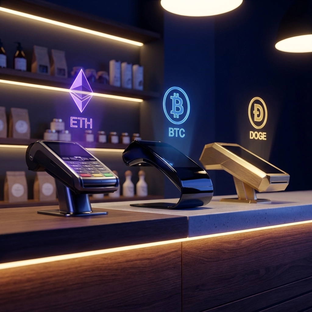 Three digital crypto payment terminals compared on a boutique shop counter, highlighting POS options for small businesses.