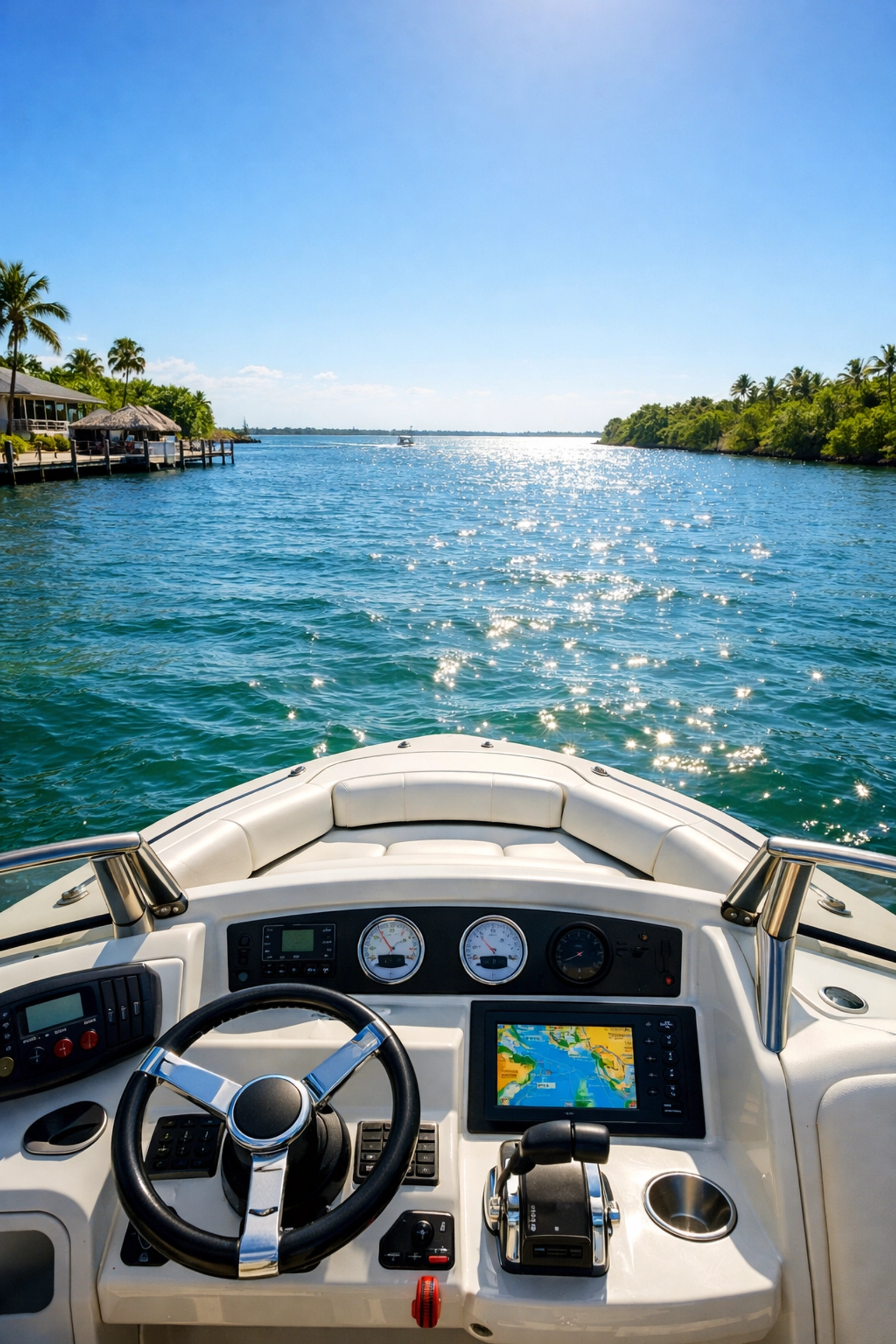 View from a boat entering the Caloosahatchee River from a Cape Coral deep-water canal.